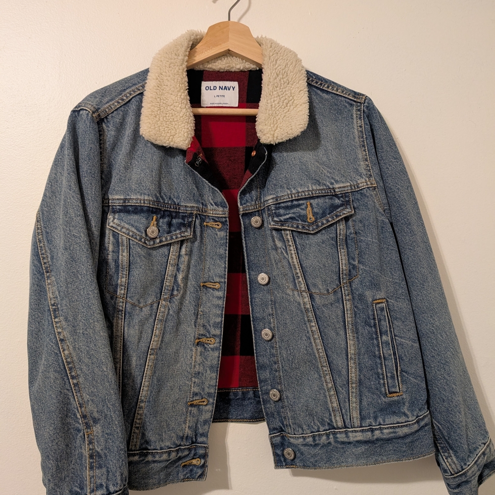 Old Navy Denim Jacket with Cream Sherpa Collar and Red Plaid Lining
